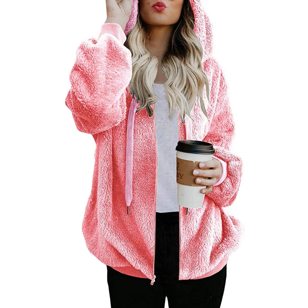 Solid Plush Drawstring Hooded Zip Coat