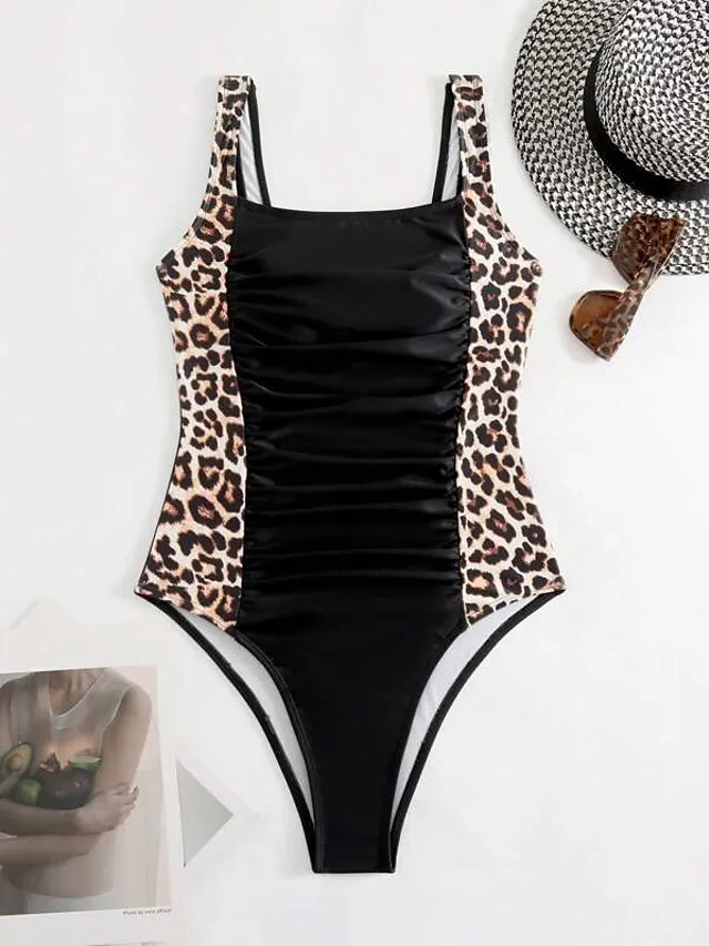 Women's Swimwear One Piece Normal Swimsuit Printing Leopard Black Bodysuit Bathing Suits Sexy Beach Wear Holiday