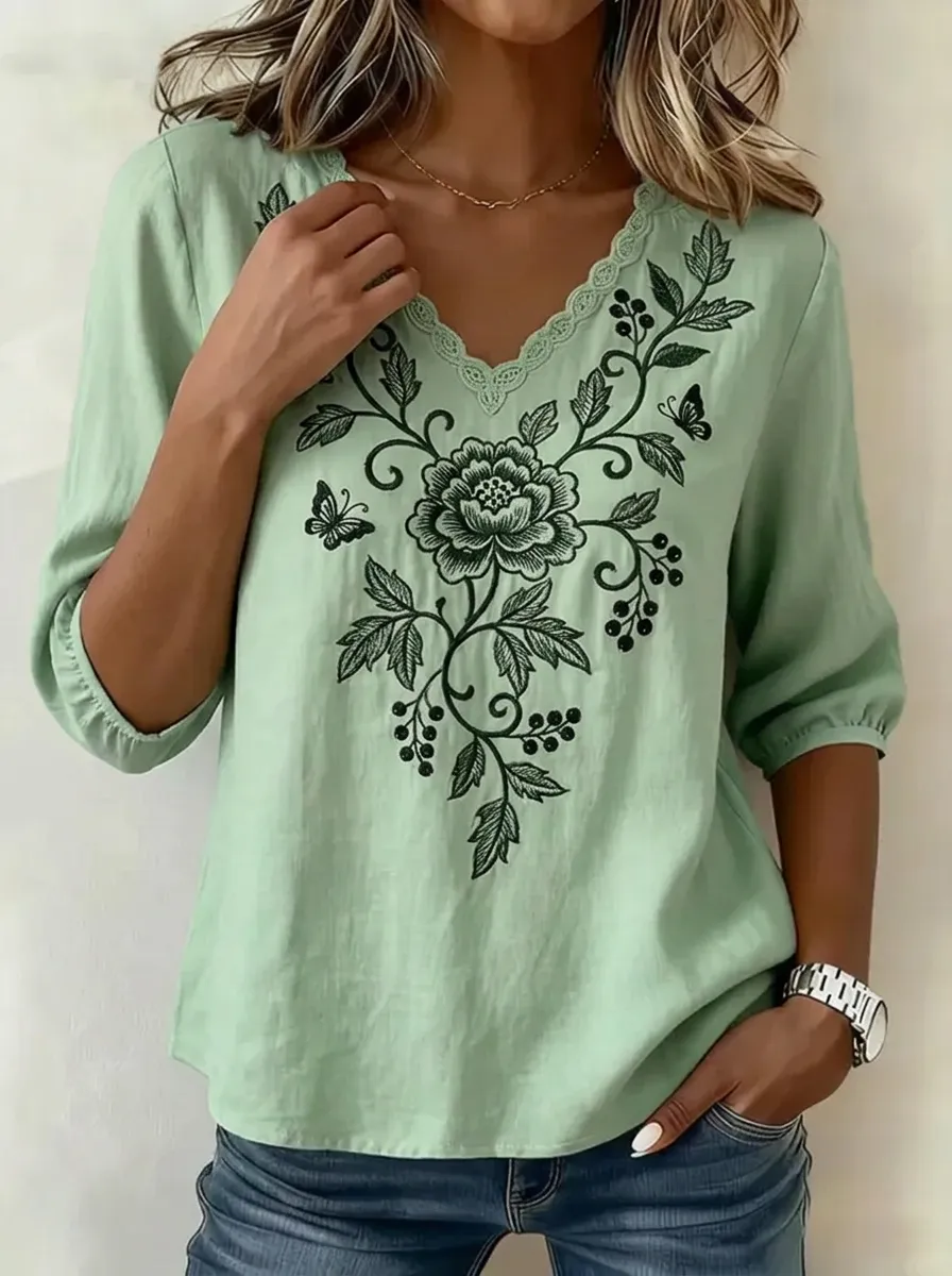 Women's Nashville Floral Butterfly Embroidered Printed Top