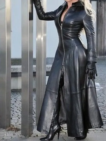 PU Leather Zipper Design Long Sleeve Coat