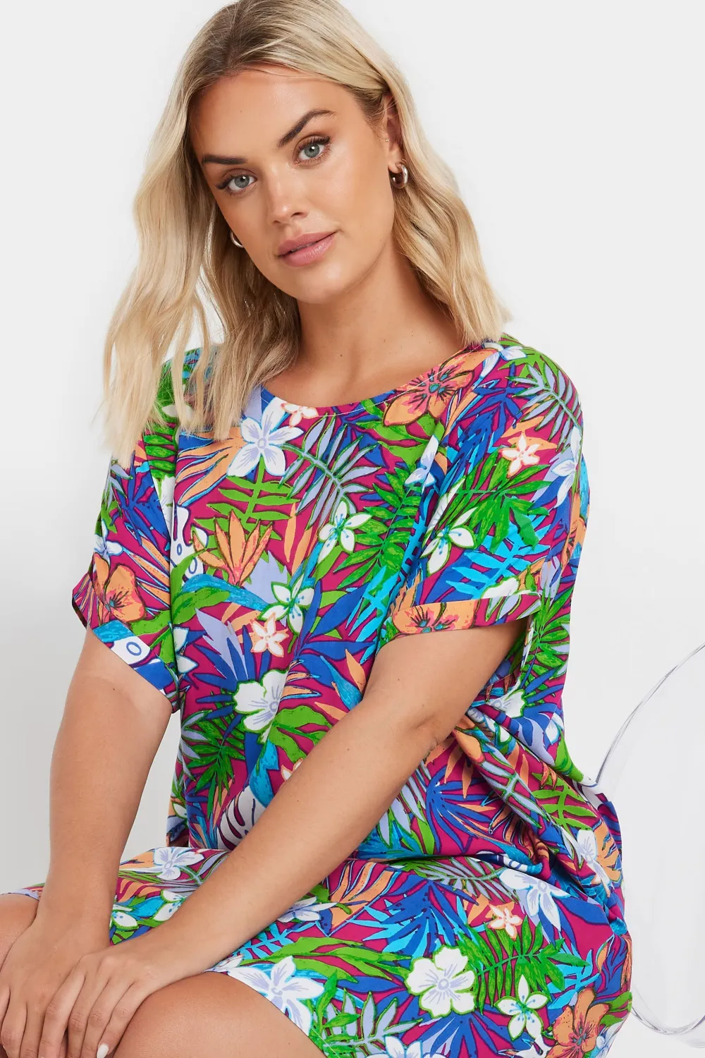 YOURS Curve Blue & Green Tropical Print Tunic Dress