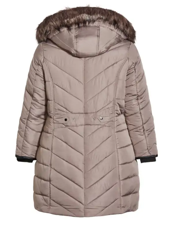 Chevron Faux Fur Hood Long Puffer Coat