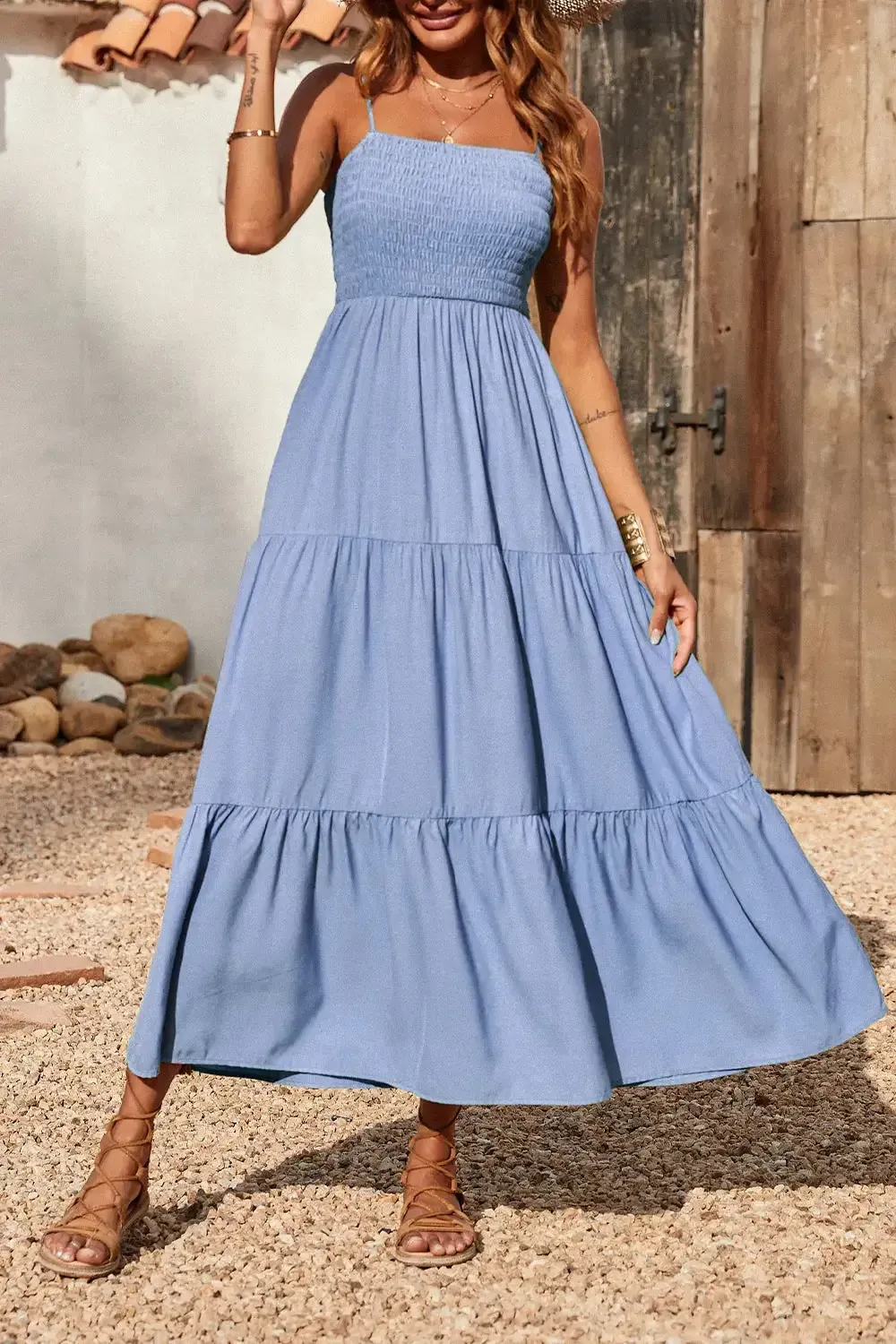Sleeveless Spaghetti Strap Smocked Tiered Maxi Dress