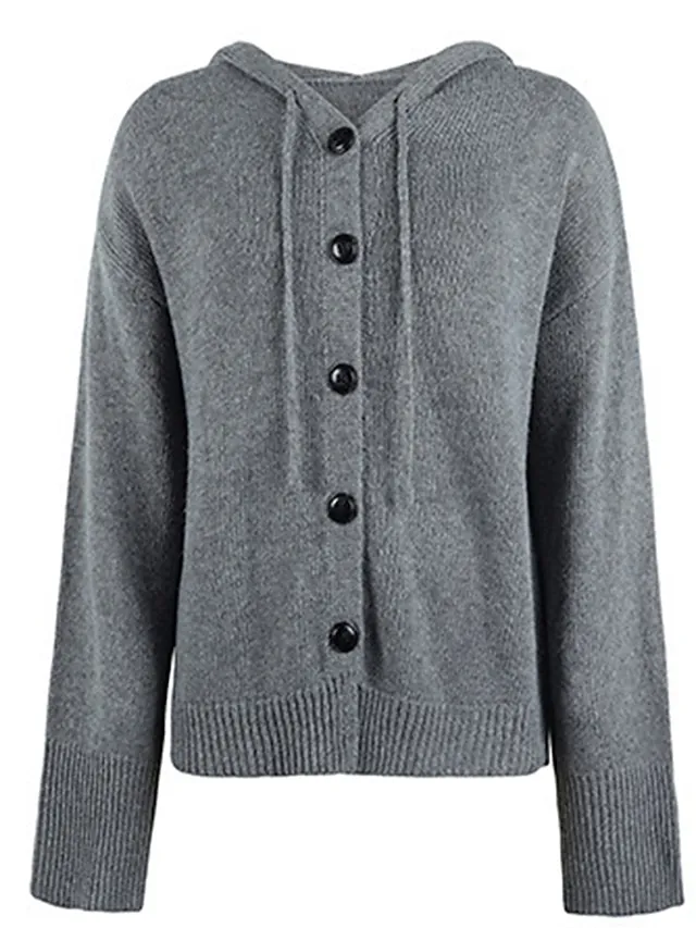 Women's Cardigan Sweater Jumper Ribbed Knit Regular Button Solid Color Hooded Stylish Casual Outdoor Daily Fall Winter Black White S M L