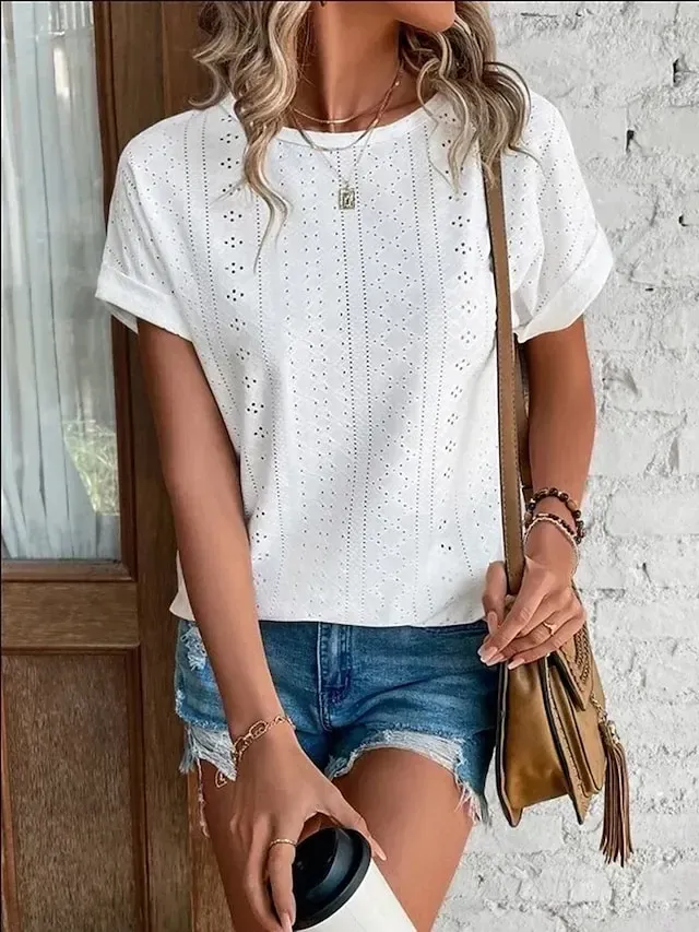 Women's T shirt Tee White Eyelet Tops Light Blue Black White Plain Cut Out Short Sleeve Daily Weekend Basic Round Neck Regular Cotton S