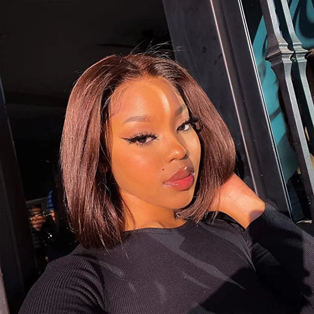 Sterly #4 Chocolate Brown Frontal Wigs Human Hair 13×6 Straight Short Bob Wigs For Women