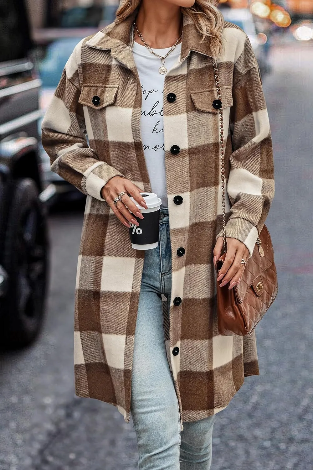 Women's Plaid Shacket 2023 Long Sleeve Button Up Flannel Shirt Winter Tartan Jacket Woolen Coats