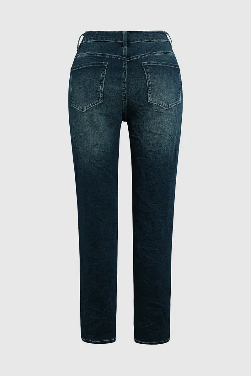 Button Up Roll Hem Low Waist Straight Leg Jeans