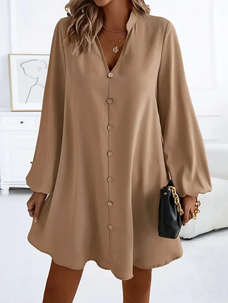 Chic Solid Color V-Neck Long Sleeve Dress