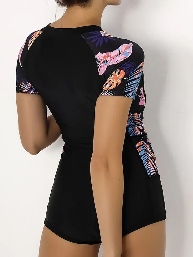 Women's Swimwear Rash Guard Diving Bathing Suits Normal Swimsuit Zipper UV Protection Modest Swimwear Tummy Control Printing Leaf Black Padded Scoop Neck Bathing Suits Sports Vacation Stylish