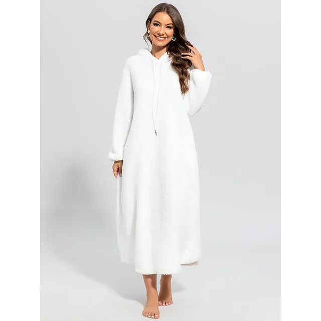Women's Hoodie Dress Casual Dress Midi Dress Teddy Fleece Warm Home Daily Weekend Hoodie Pocket Drawstring Pure Color 2023 Regular Fit White Lavender Khaki S M L XL 2XL