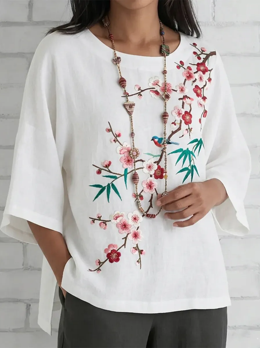 Women's Nashville Floral Bird Embroidered Printed Top