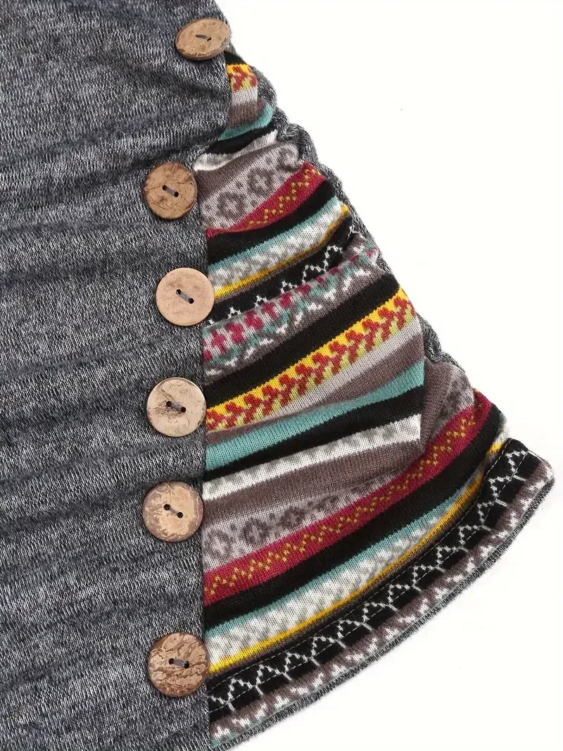 Stripe Splicing Button Decor Hoodie, Casual Long Sleeve Hoodie