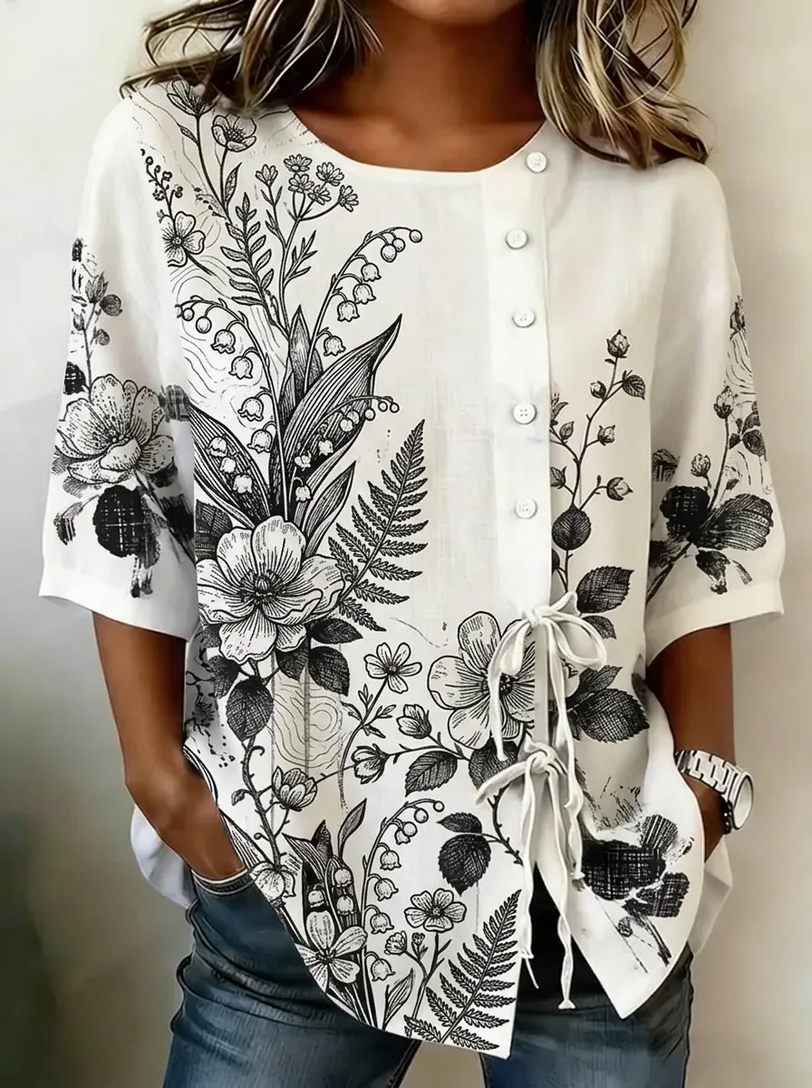 Women's Nashville Floral Botanical Sketch Printed Button-up Shirt