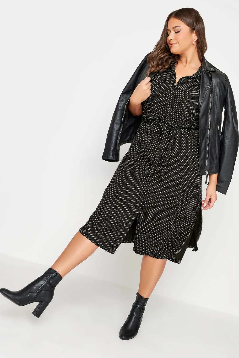 YOURS Curve Black Polka Dot Print Spilt Hem Midaxi Shirt Dress