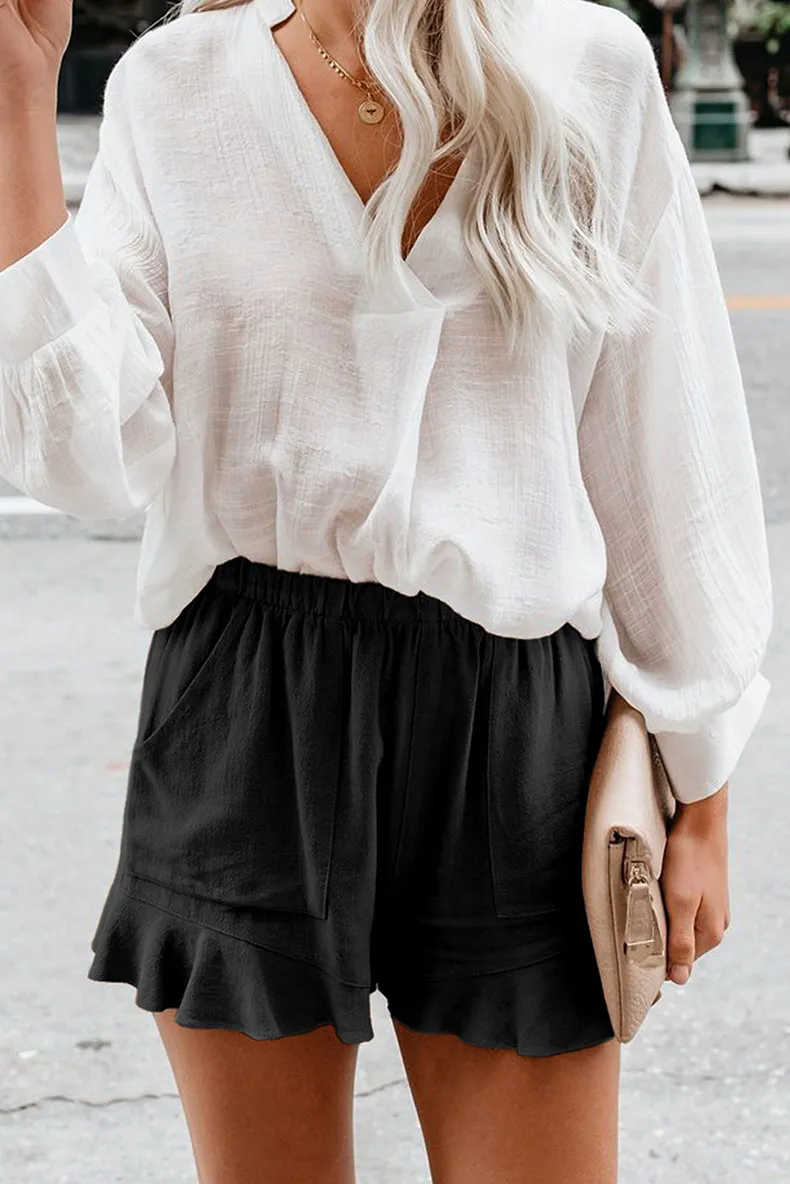 Ladies summer casual solid color high-waist pleated loose straight-leg pants