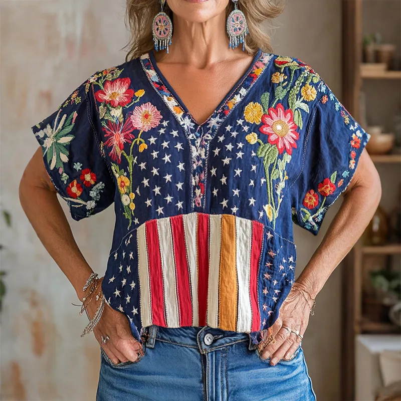 Women's Vintage American Flag Sunflower Floral Embroidery Cotton And Linen V-neck T-shirt