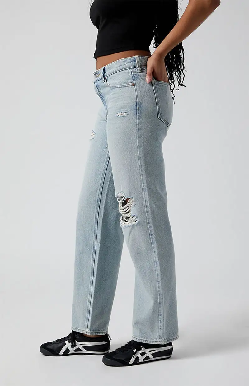 PacSun Jordyn Ripped Low Rise Straight Leg Jeans Light Indigo