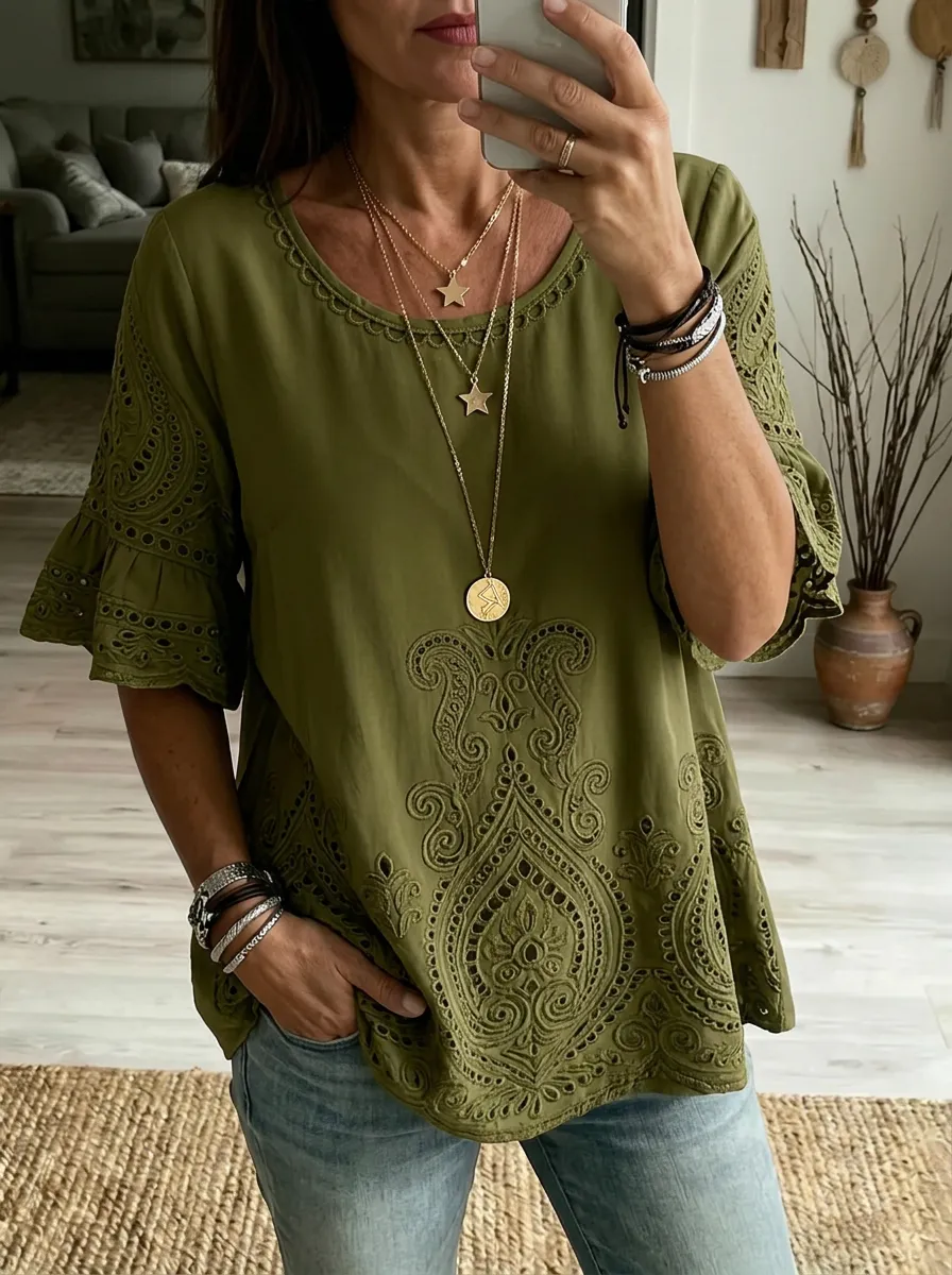 Women's Nashville Country Style Paisley Embroidered Printed Top