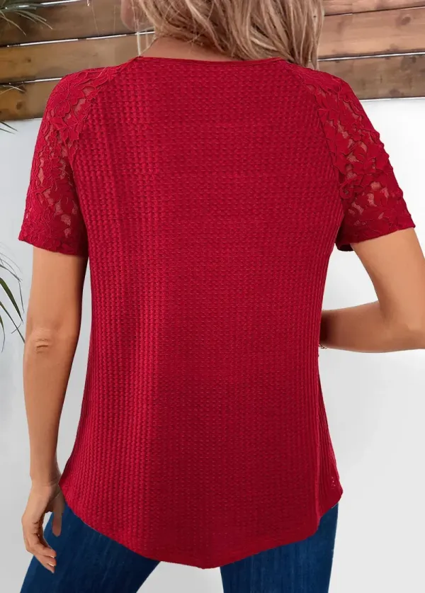 Wine Red Lace Short Sleeve V Neck T Shirt