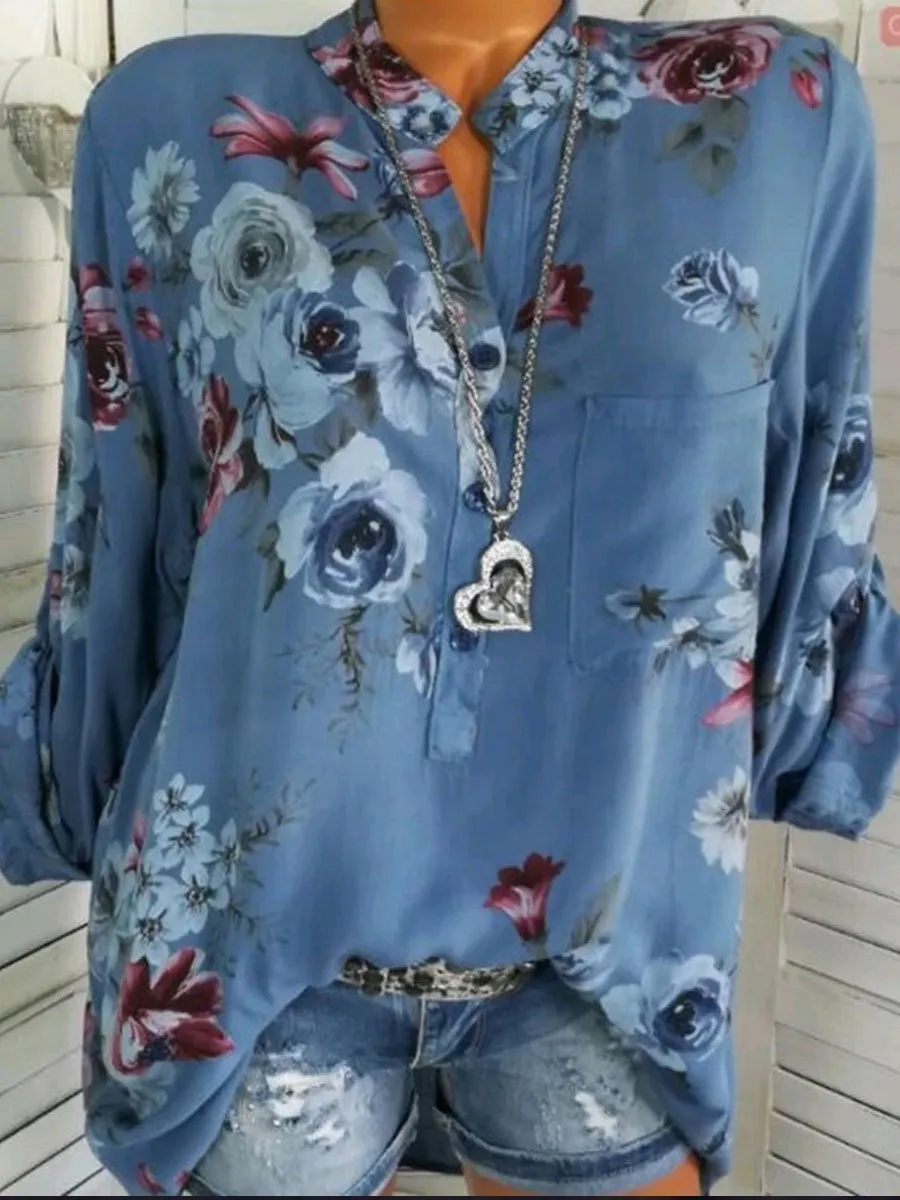 Cotton V-Neck Button Floral Printed Tops