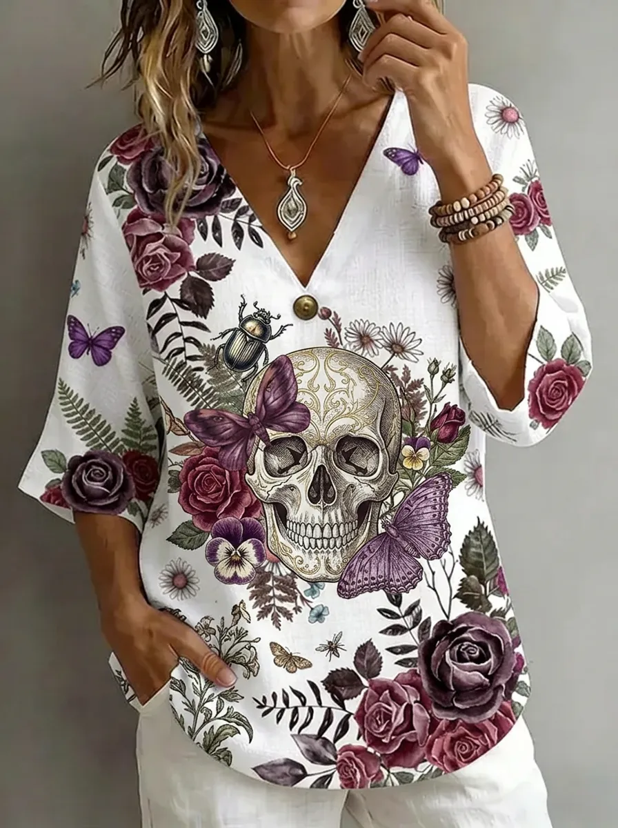 Women's Nashville Skull Butterfly Floral Printed V-Neck Top