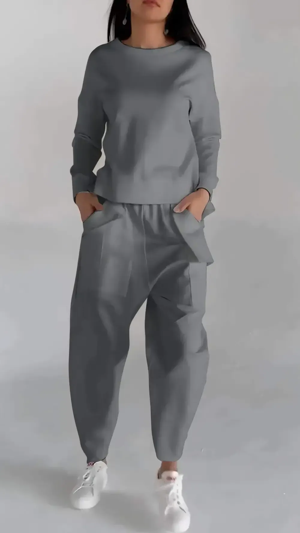 Women Fashion Casual Round Neck Long Sleeve Two Piece Suit