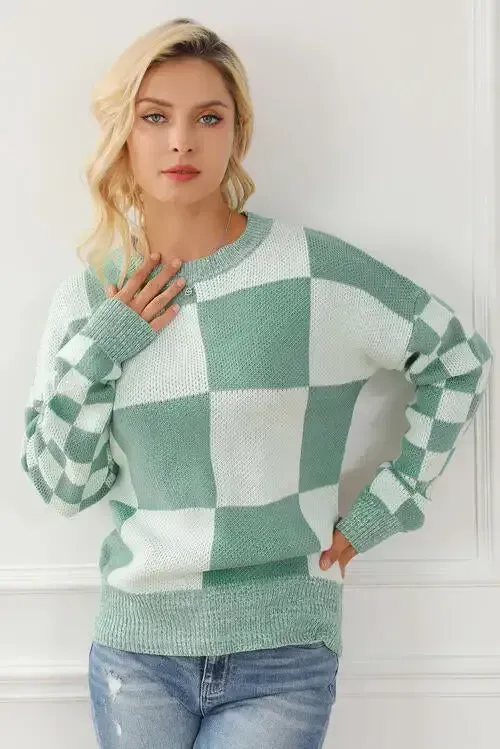 Checkered Drop Shoulder Long Sleeve Sweater AC