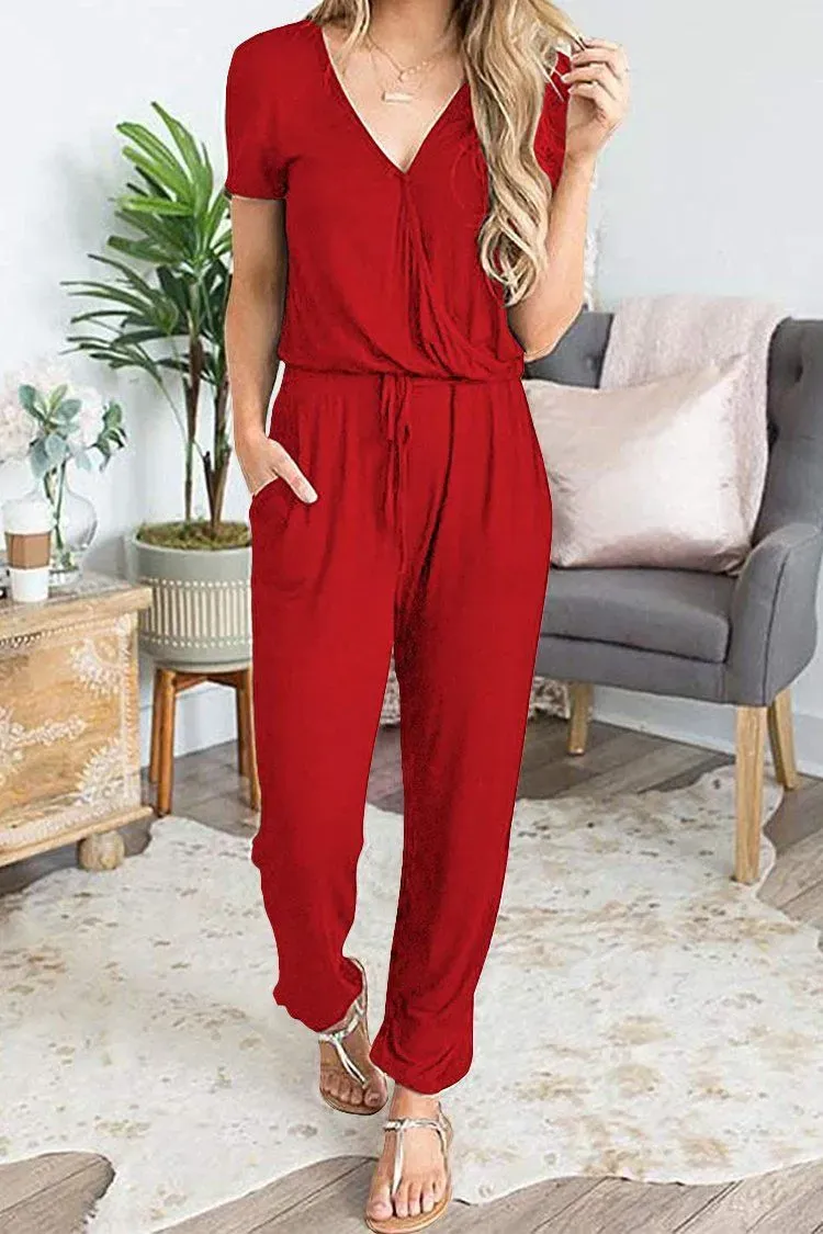 Deep V Neck Wrap Drawstring Waist Jumpsuit