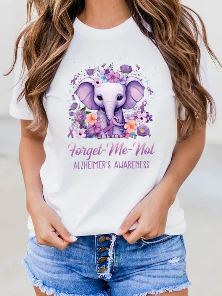 Women'S T-Shirt Forget Me Not Alzheimer'S Awareness Elephant Flower Print