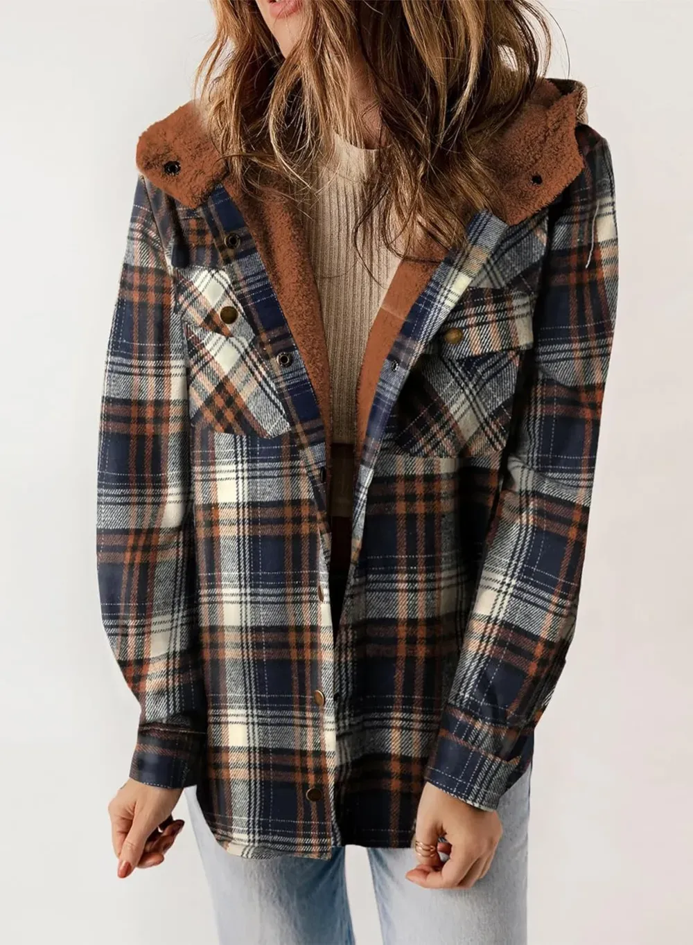Womens Plaid Shacket Jacket Long Sleeve Button Down Fleece Hooded Jackets Warm Coat