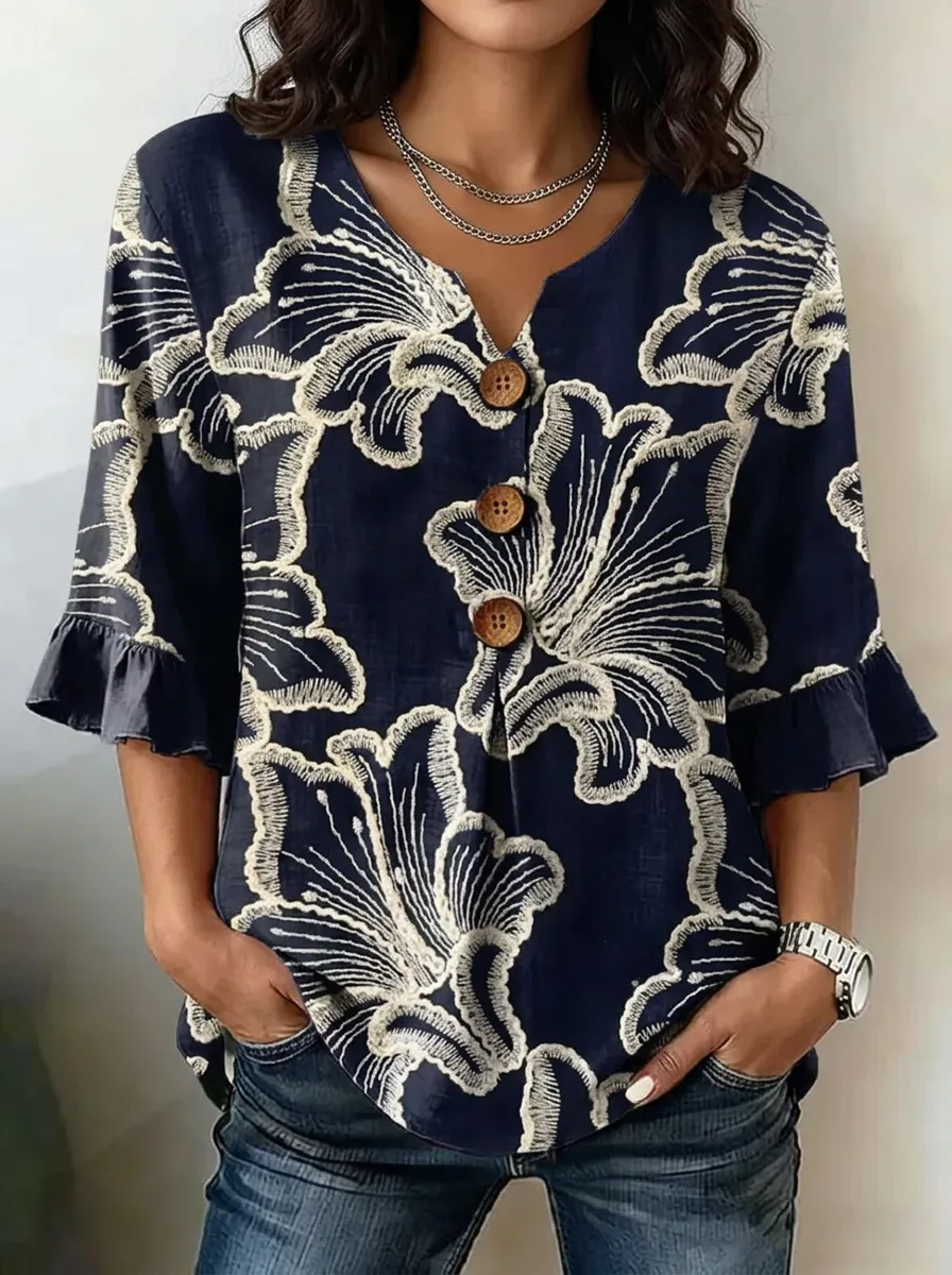 Women's Nashville Floral Pattern Printed V-neck Button-up Top