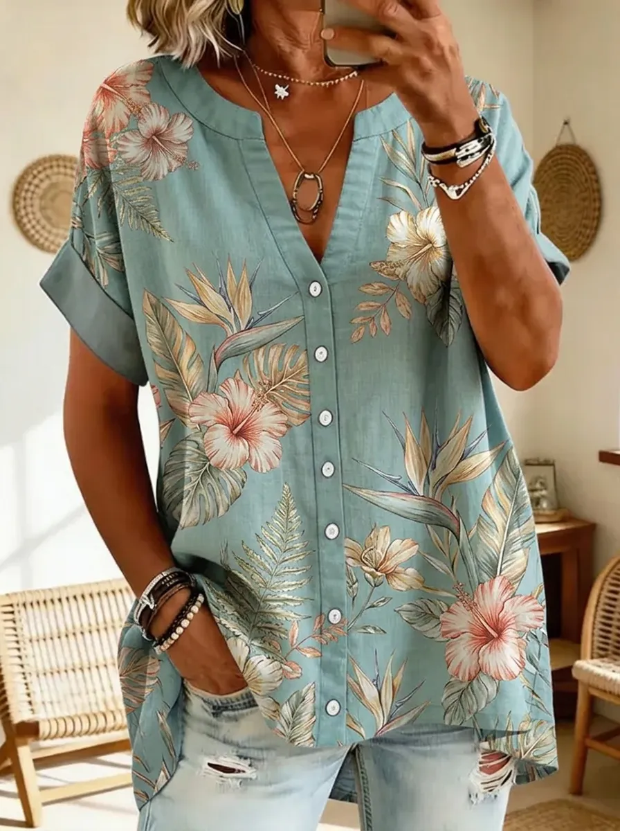 Women's Nashville Tropical Hibiscus Floral Printed Button-Down Shirt