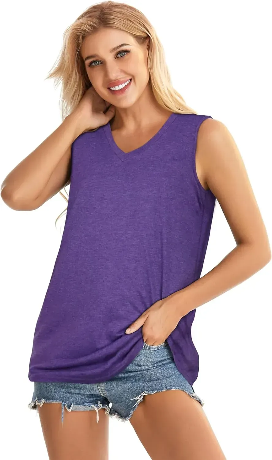 Summer Tops for Women Sleeveless V Neck Tshirt Loose Fit Casual Tank Tunic Blouse