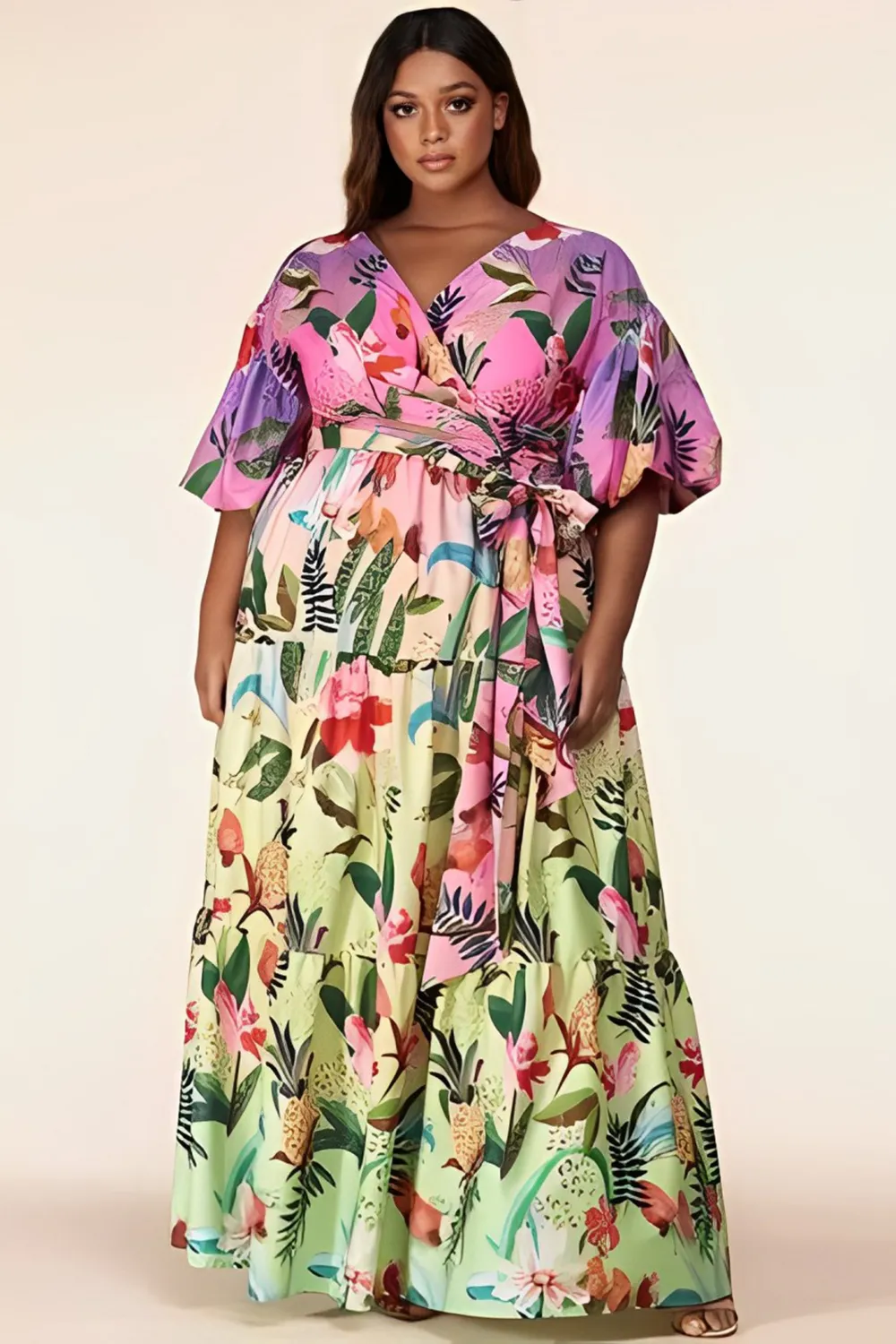 Plus Size Surplice Bodice Flouncy Tiered Dress