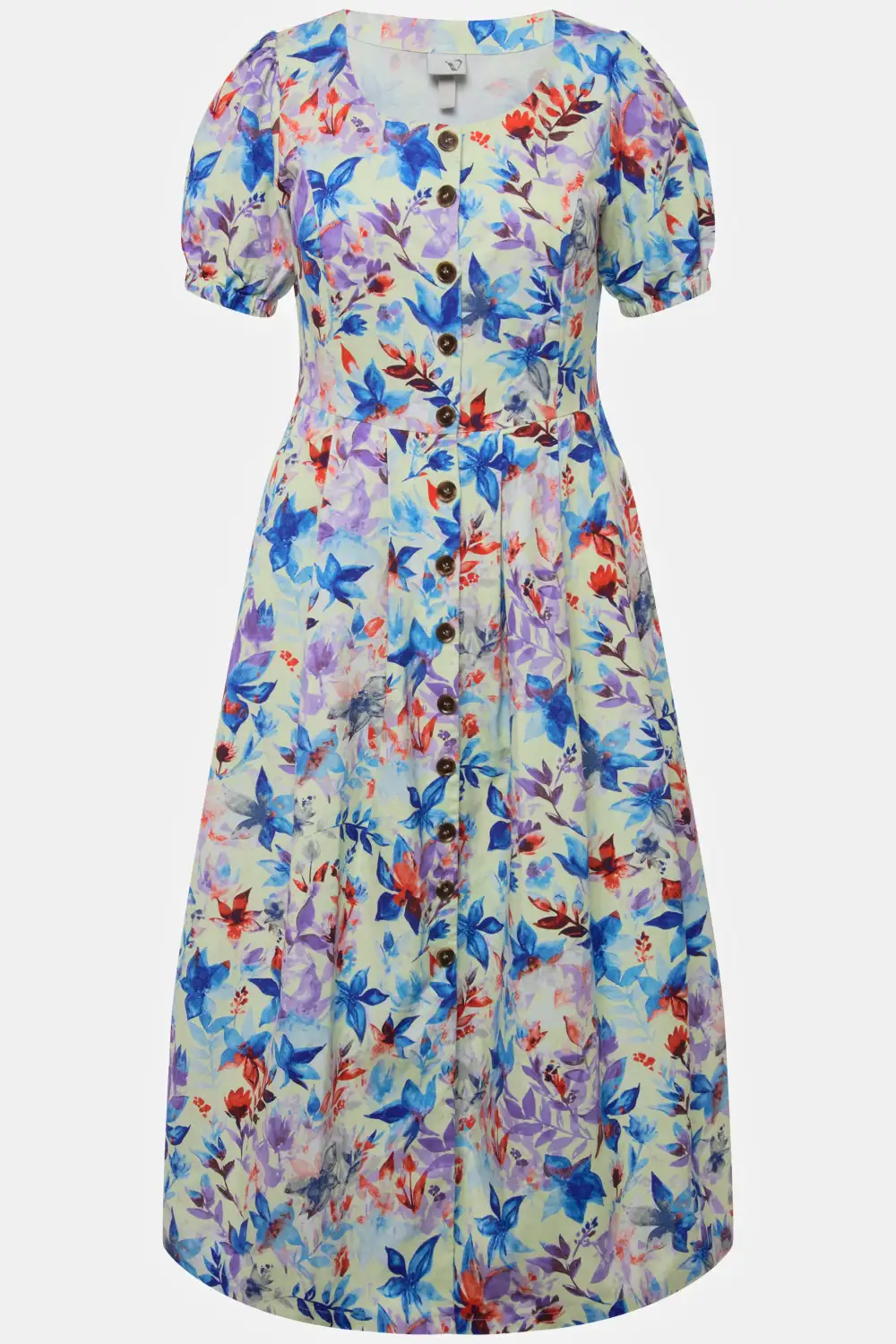 Midikleid Blätter Rundhals Puff-Halbarm Leinenmix