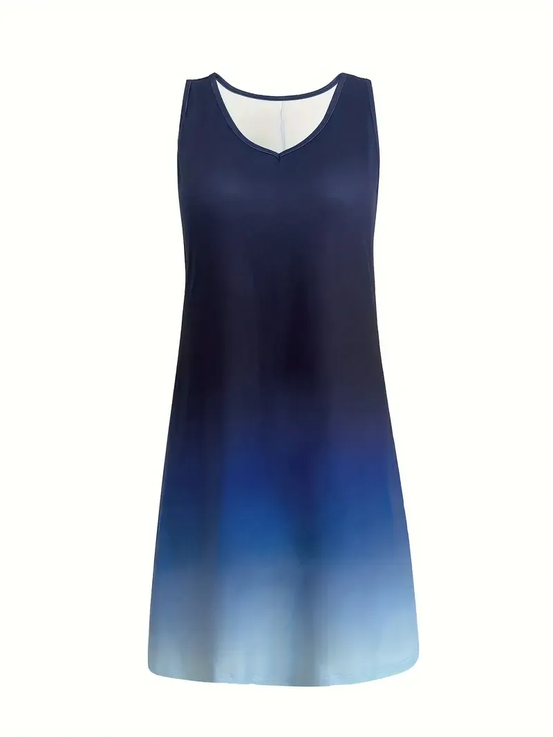 Holiday Cheer, Elegant Gradient Sleeveless Midi Dress for Women - Casual V-Neck, Polyester and Spandex Blend, Perfect for All Seasons, Machine Washable