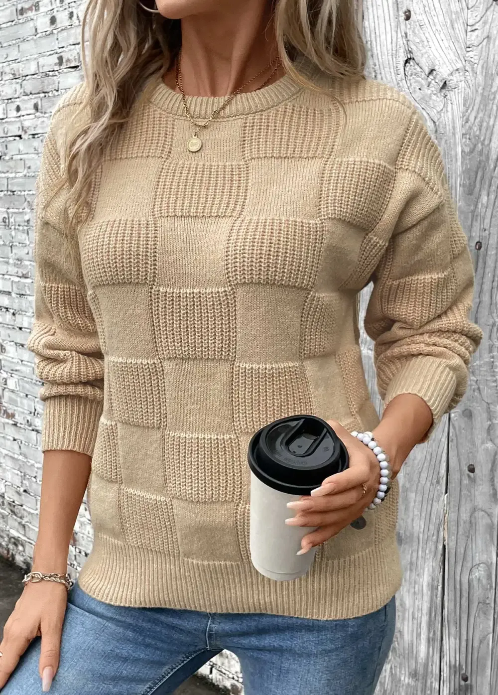 Light Coffee Patchwork Long Sleeve Round Neck Sweater