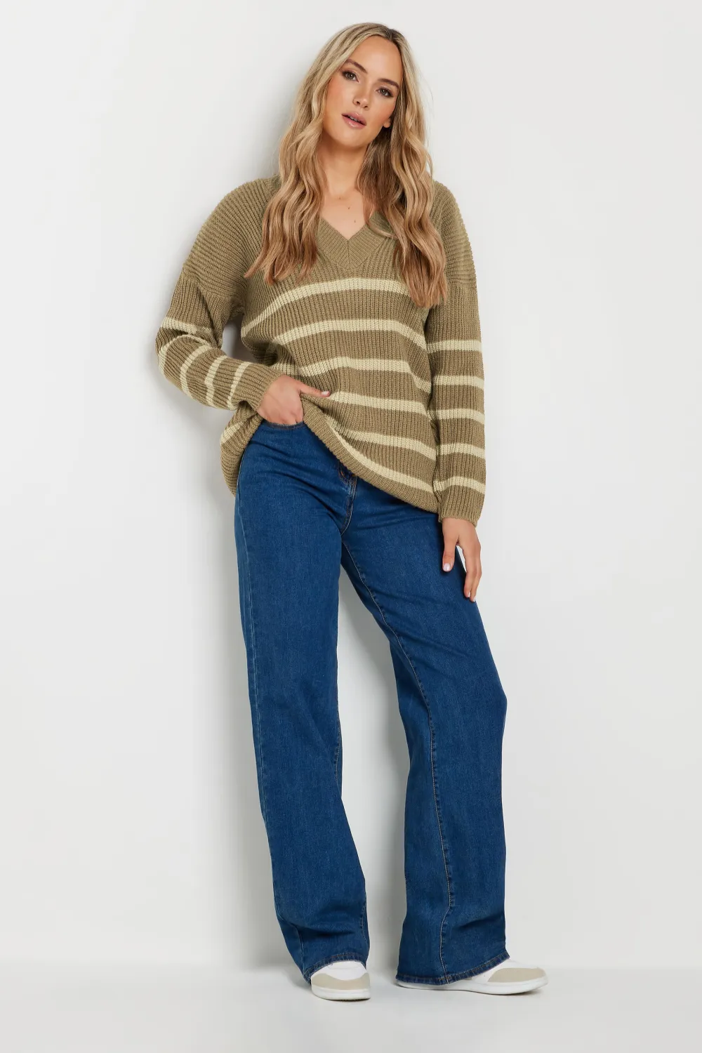LTS Tall Brown V-Neck Stripe Jumper