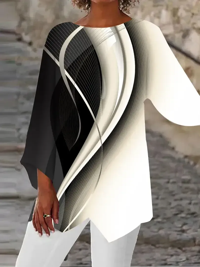 Women Asymmetrical 3/4 Sleeve Scoop Neck Striped Stitching Tops