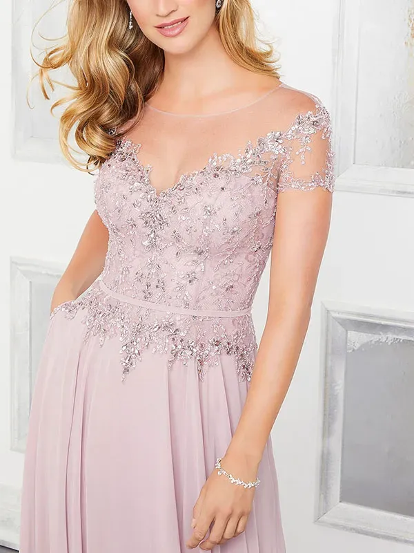 A-Line Evening Gown with Crystal Beading on Lace Bodice with Chiffon Dress