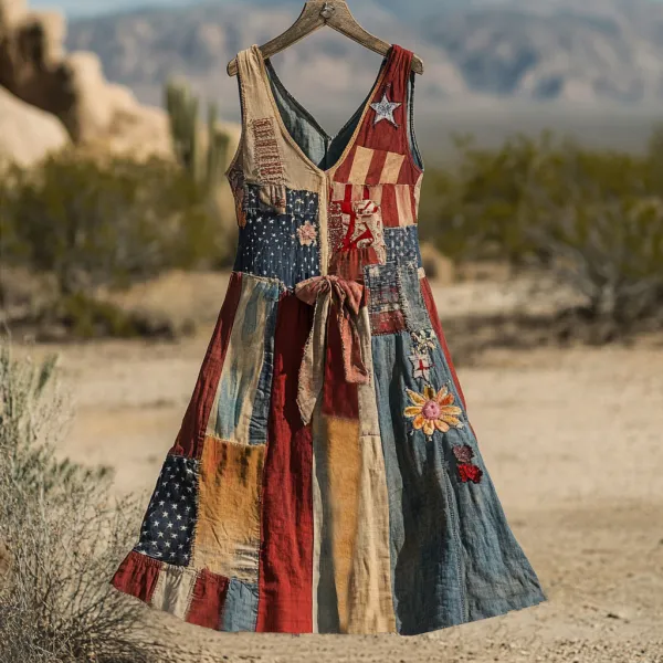 Women's Vintage Independence Day Flag Floral Sleeveless Dress