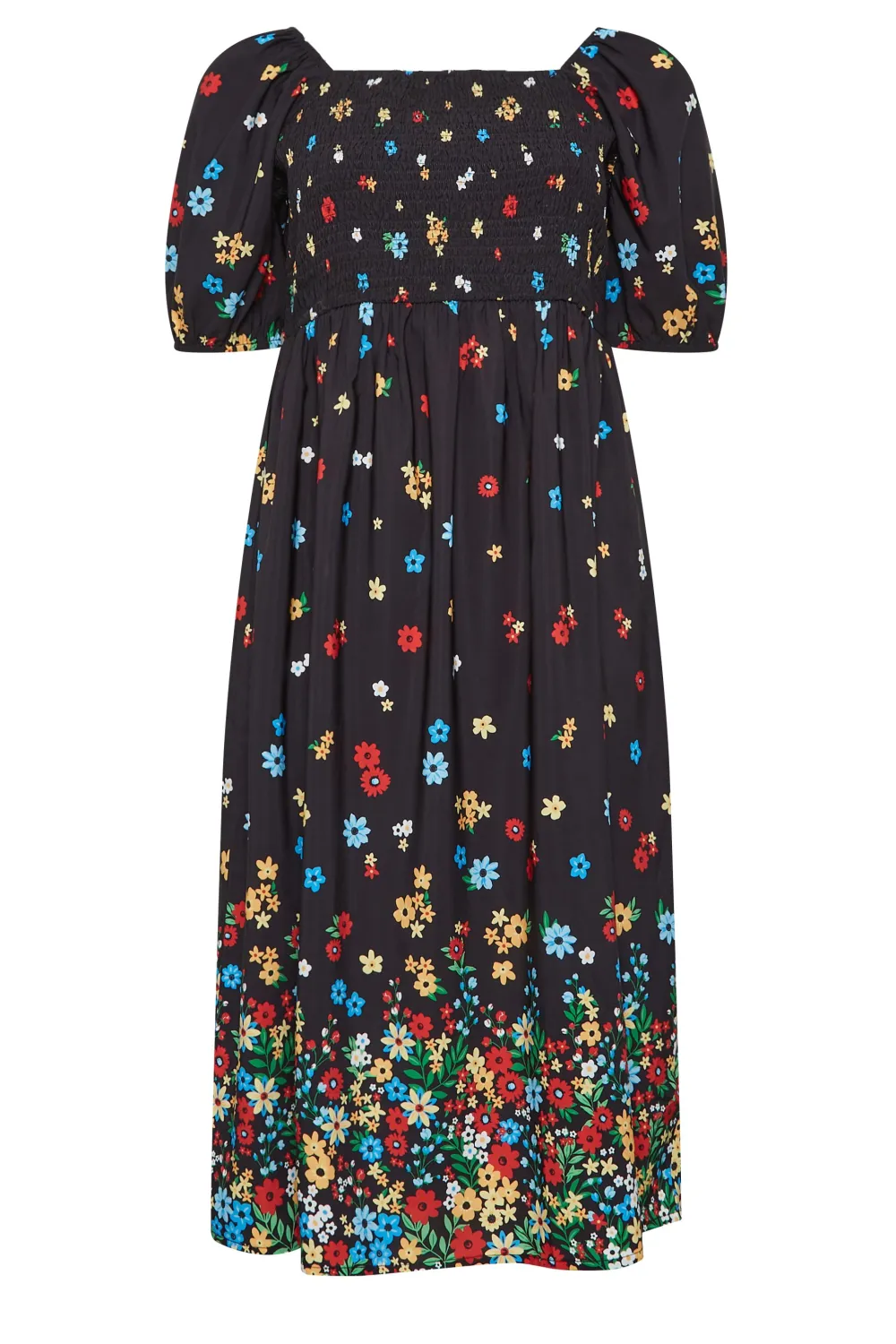 YOURS Curve Black Floral Print Shirred Midi Dress