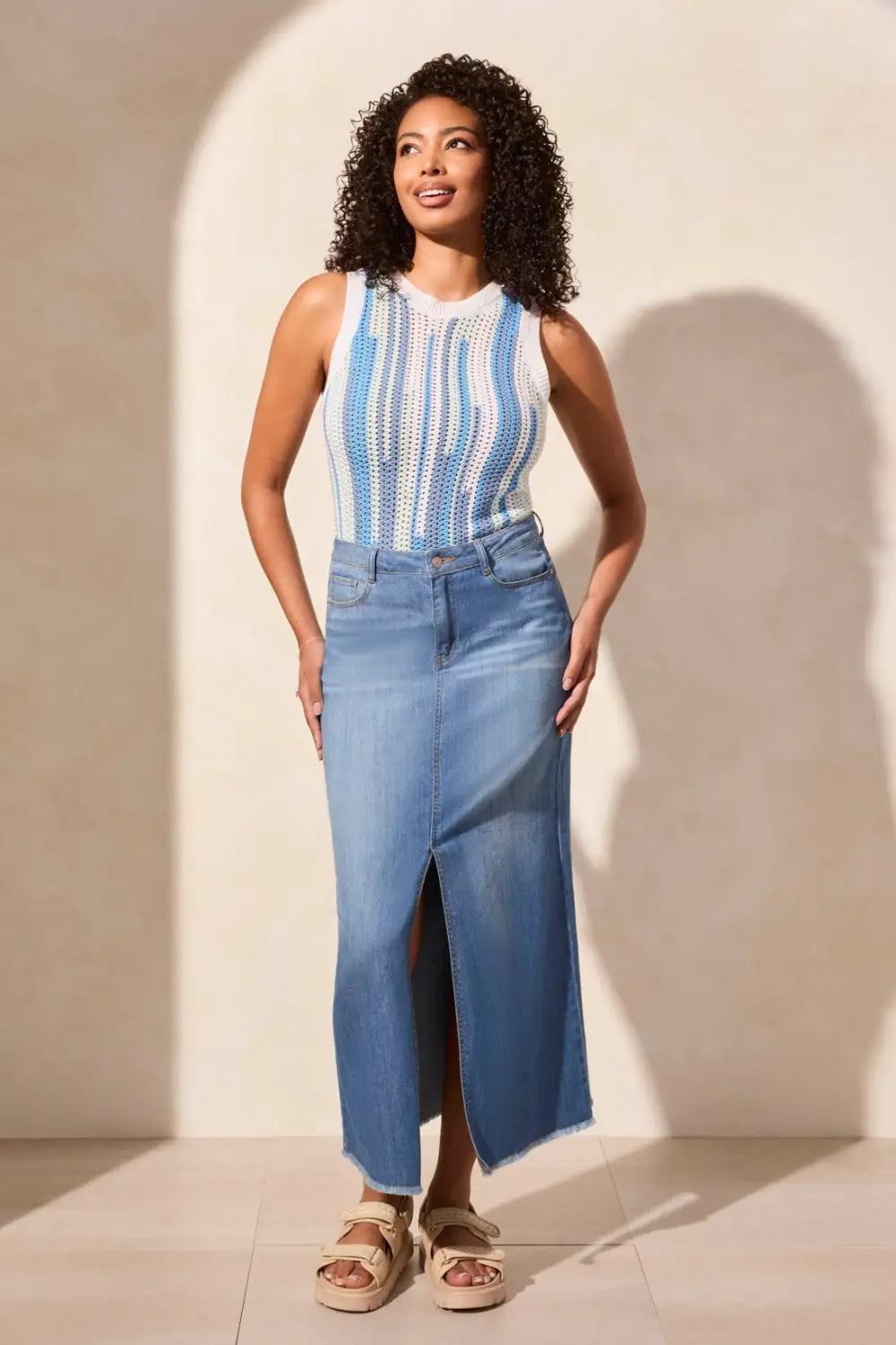 Full Length Slit-Accent Denim Skirt-Coastline