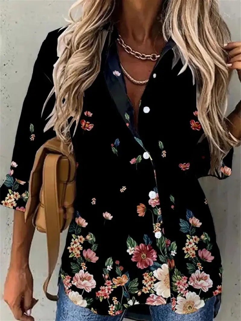 Women 3/4 Sleeve Shirt Collar Floral Printed Animal Print Button Top Shirts
