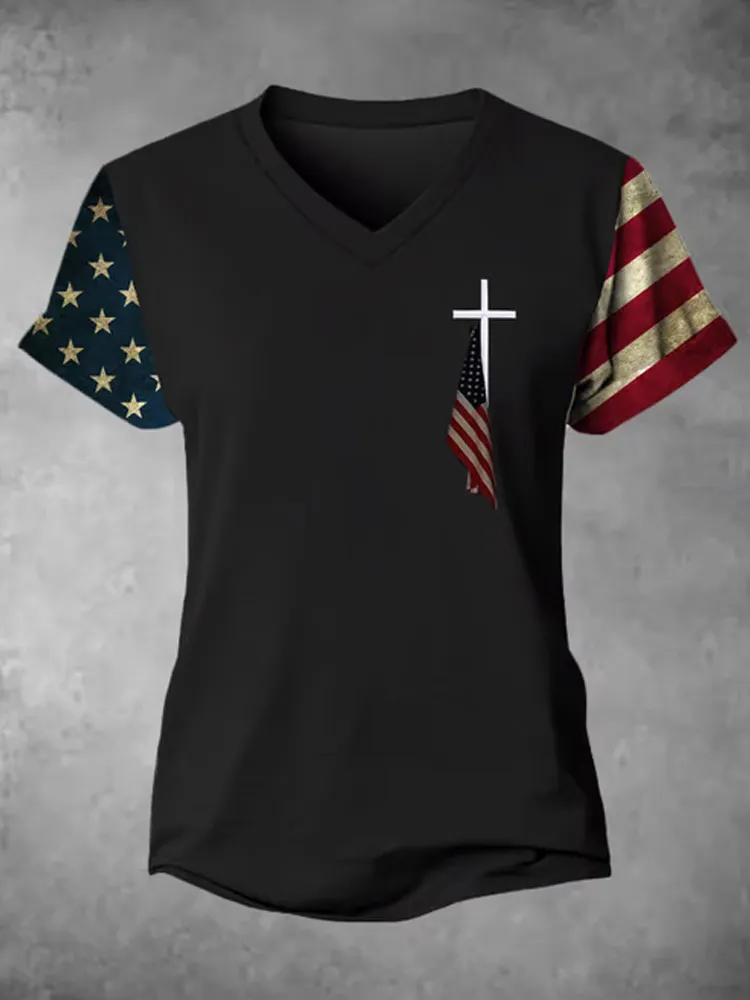 Women's Flag Cross Print V-neck T-shirt