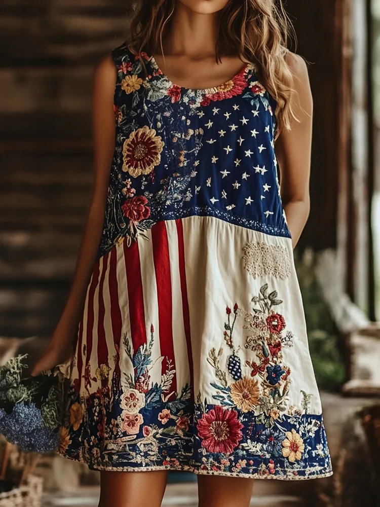 Women's Independence Day Flowers Art Print Tank Midi Dress