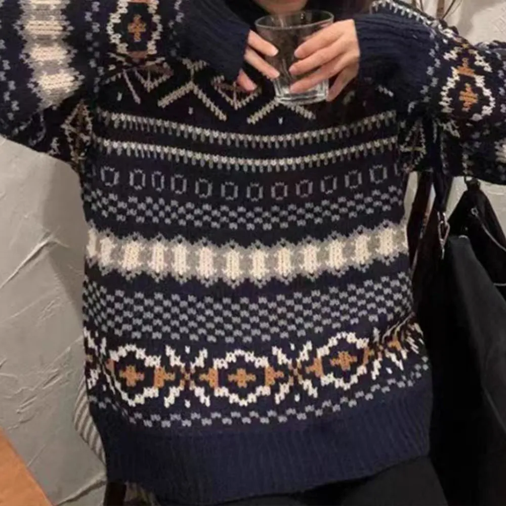 Retro Jacquard Ethnic Style Round Neck Knitted Sweater