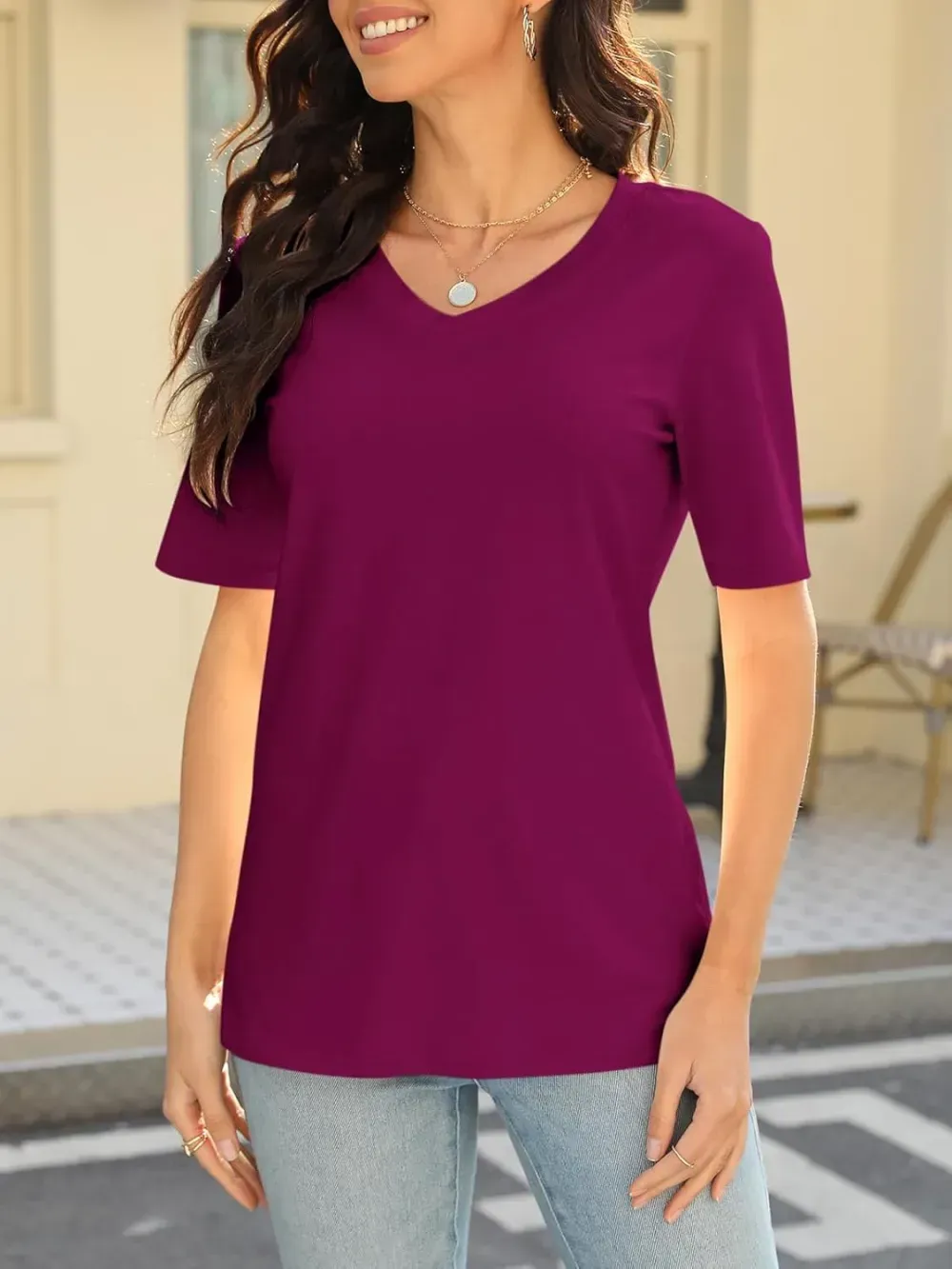 ORANDESIGNE Women's Color Block Short Sleeve T Shirts Casual V Neck Summer Tops Tees Loose Fit Blouses