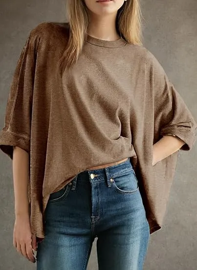 Summer Shirts 2025 Womens Solid T Shirts for Women Loose Oversized Tops Basic Tee